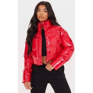 Red Vinyl Cropped Puffer Jacket
